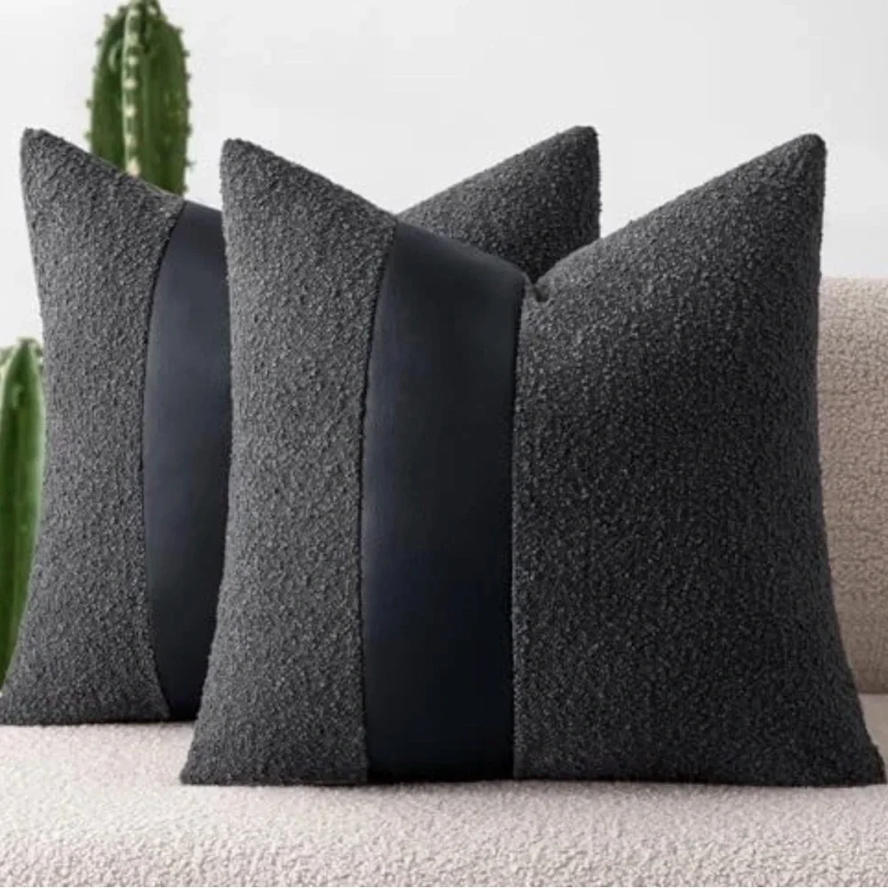 NWT 2-Boucle Pillow Covers 18x18” with Faux Leather, Charcoal Black